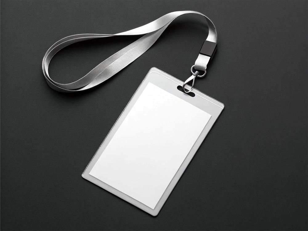 Blank,Id,Badge,With,Silver,Lanyard,On,Dark,Background,